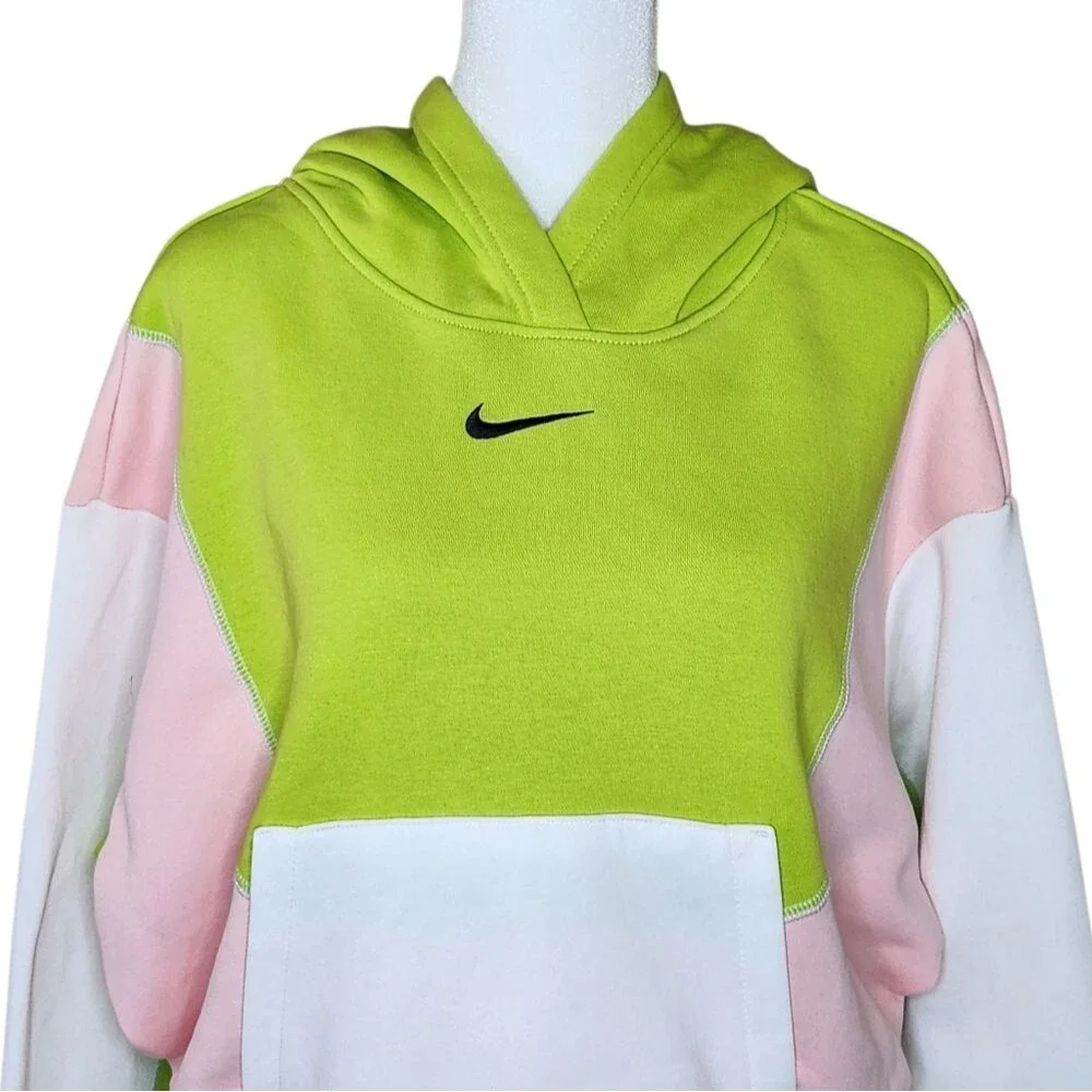 Nike Retro Lime Pink Quirky Colorblock Fleece Oversized Cropped Hoodie Medium